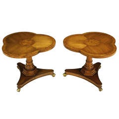Pair Trefoil Parquetry Walnut & Burl Pedestal Side Tables By Weiman