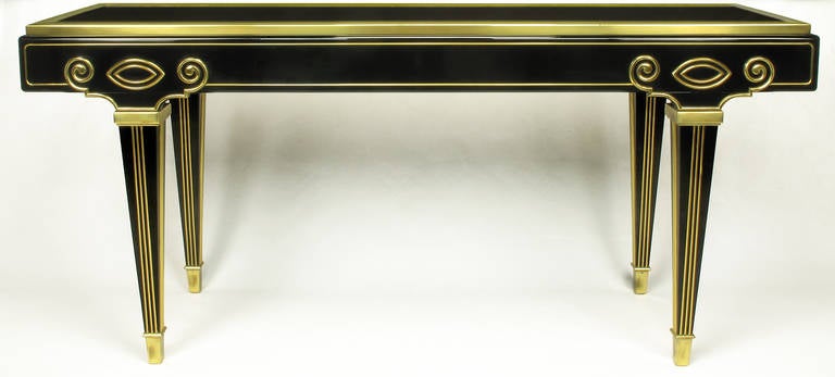 American Mastercraft Black Lacquer and Brass Empire Moderne Console Table For Sale
