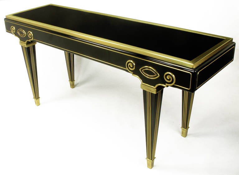 Mastercraft Black Lacquer and Brass Empire Moderne Console Table In Good Condition For Sale In Chicago, IL