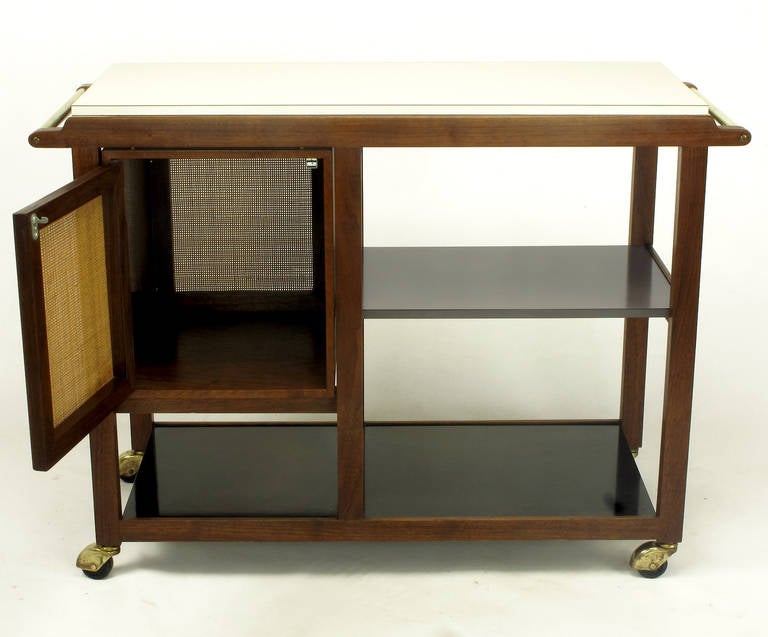 Edward Wormley Walnut, Micarta and Cane Flip-Top Bar Cart for Dunbar In Excellent Condition In Chicago, IL
