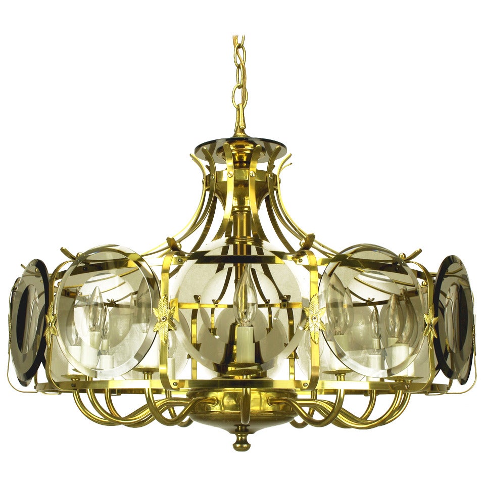 Twelve-Arm Brass Chandelier with Smoked Glass Disc Lenses