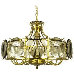 Twelve-Arm Brass Chandelier with Smoked Glass Disc Lenses