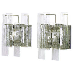 Pair of Chrome and Undulated Glass, Three-Light Sconces