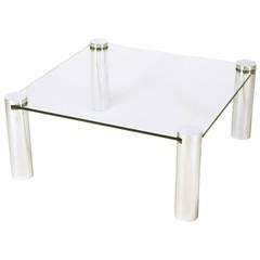 Vintage Italian Style Chrome Cylinder and Glass Square Coffee Table