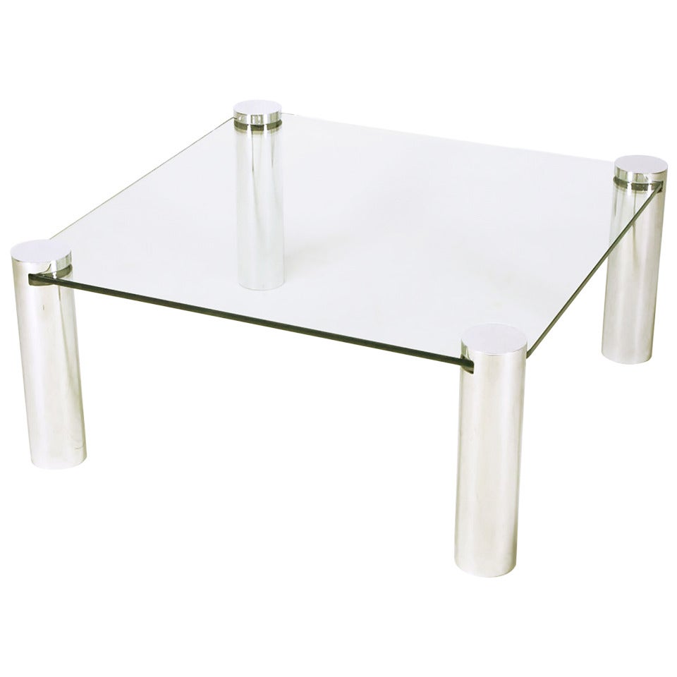 Quadratischer Couchtisch, Chrom-Zylinder und Glas, italienischer Stil  im Angebot