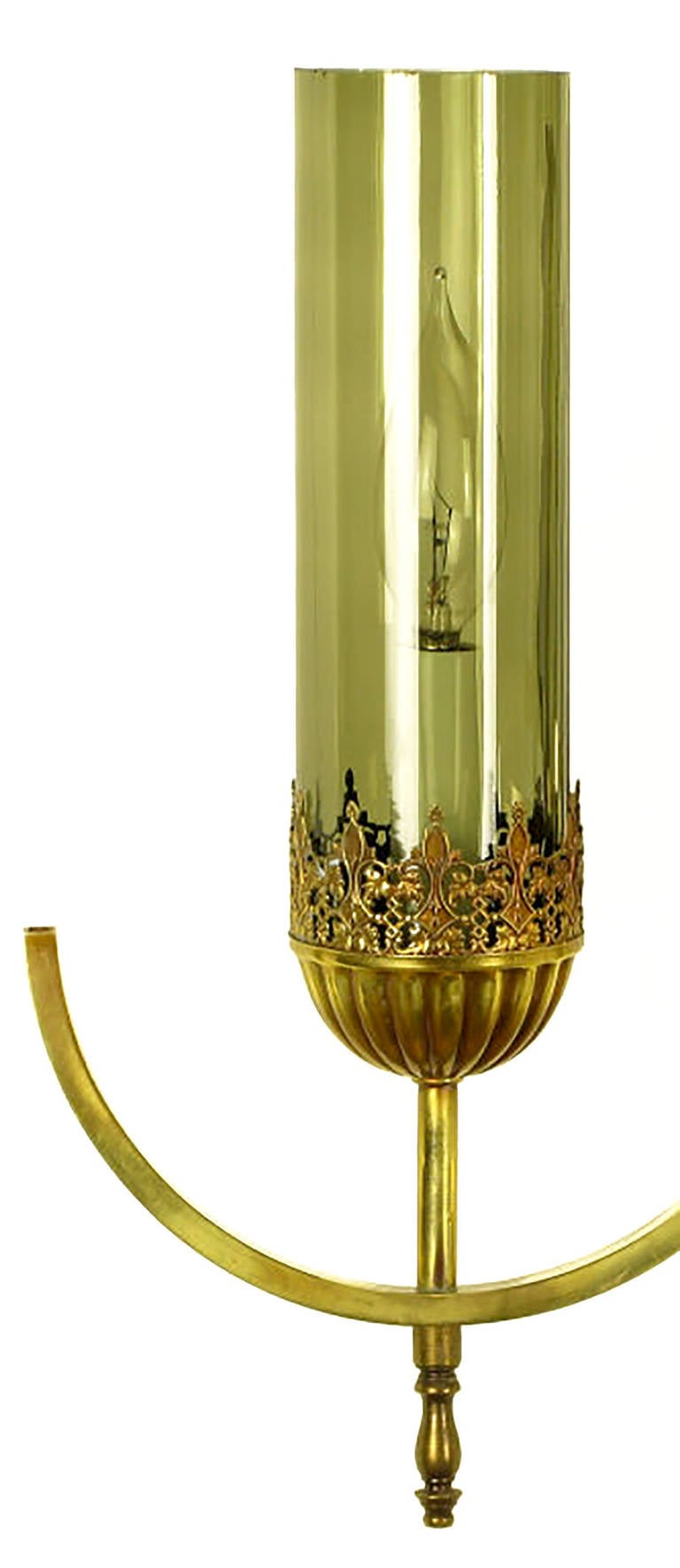 Brass Undulate Arm Six-Light Chandelier with Smoked Hurricane Shades For Sale 3