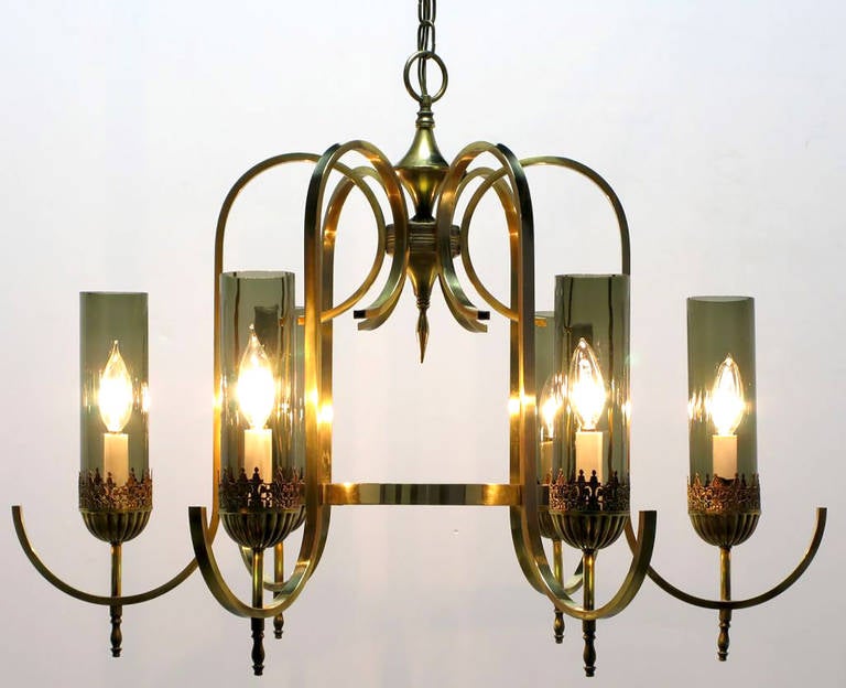 Mid-20th Century Brass Undulate Arm Six-Light Chandelier with Smoked Hurricane Shades For Sale