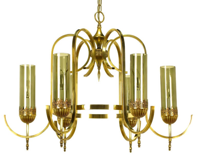 Brass Undulate Arm Six-Light Chandelier with Smoked Hurricane Shades In Excellent Condition For Sale In Chicago, IL