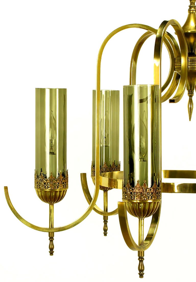 Brass Undulate Arm Six-Light Chandelier with Smoked Hurricane Shades For Sale 2