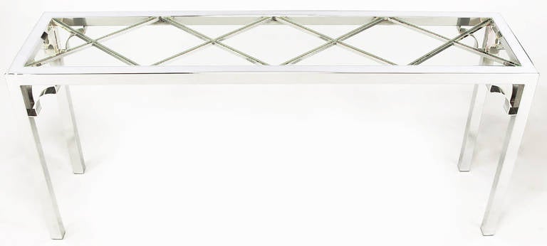 Chromed steel Parsons frame table, with diamond pattern under inset glass top, with open bracket corner detail. Often mistakenly attributed to Milo Baughman's work for Thayer Coggin and DIA.