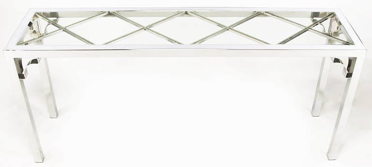 Chromed steel Parsons frame table, with diamond pattern under inset glass top, with open bracket corner detail. Often mistakenly attributed to Milo Baughman's work for Thayer Coggin and DIA.