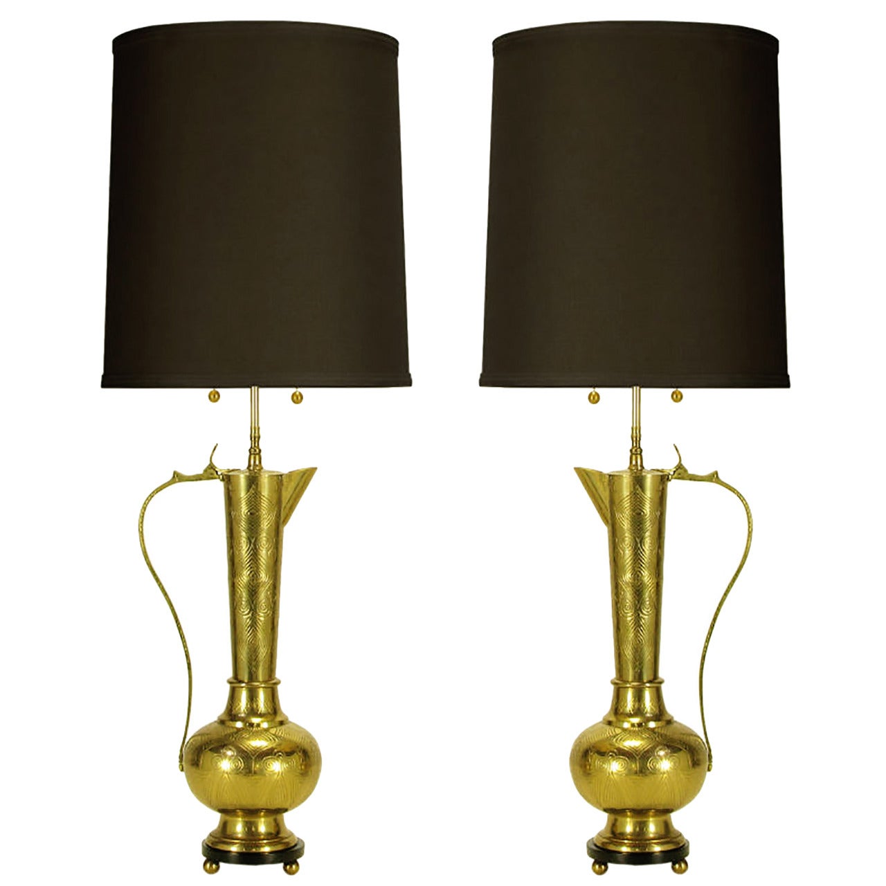 Pair of Large Moroccan Etched Brass Ewer Table Lamps For Sale