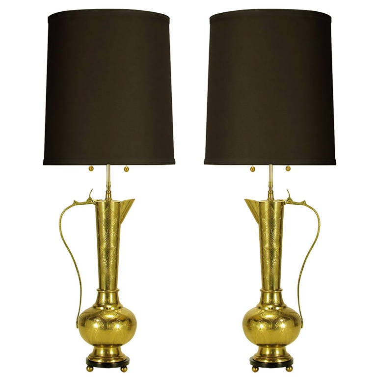 Pair of Large Moroccan Etched Brass Ewer Table Lamps For Sale at 1stdibs