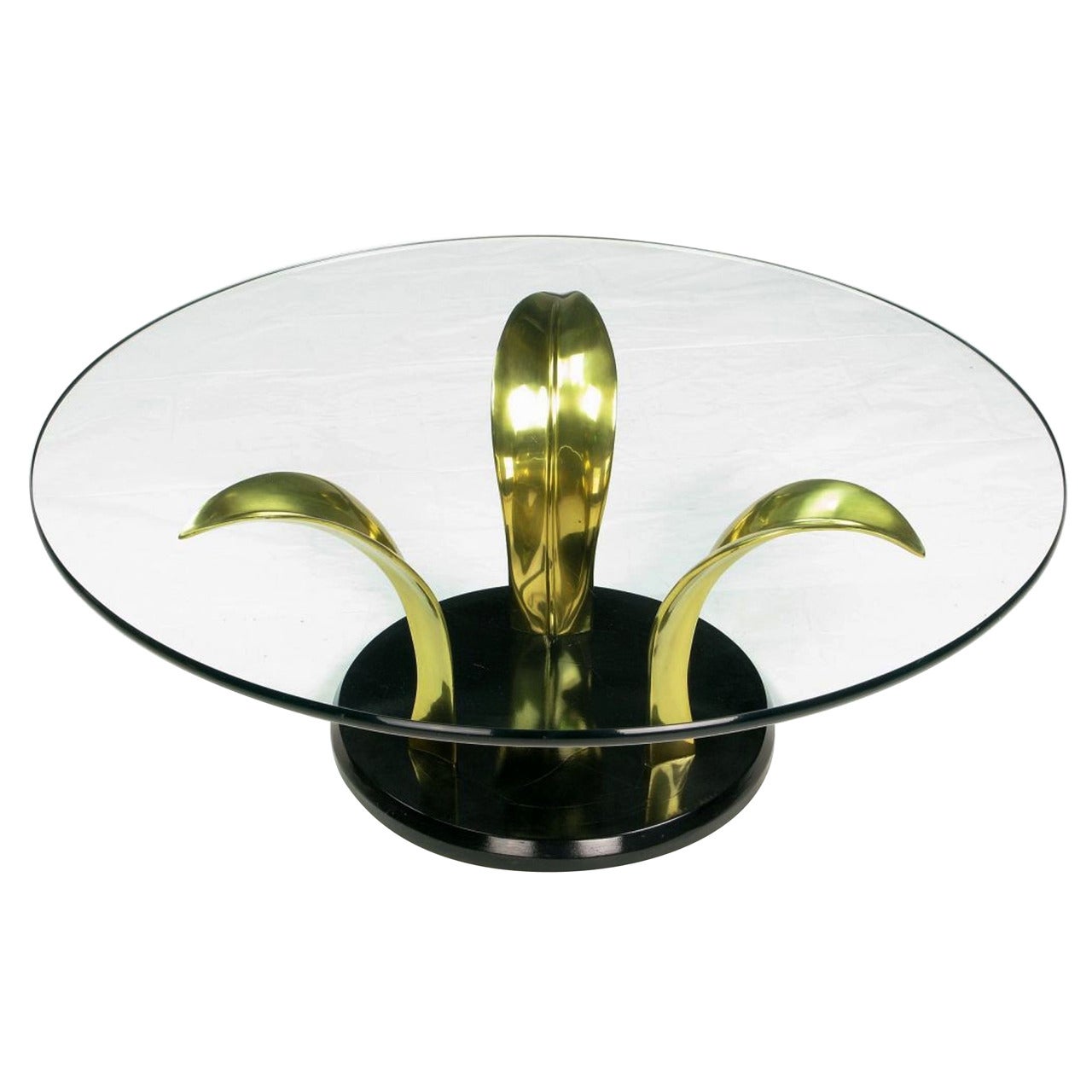 Black Lacquer and Brass Palm Leaf Cocktail Table For Sale