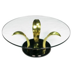 Vintage Black Lacquer and Brass Palm Leaf Cocktail Table