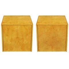 Pair Olive Ash Burl Cube Tables After Milo Baughman