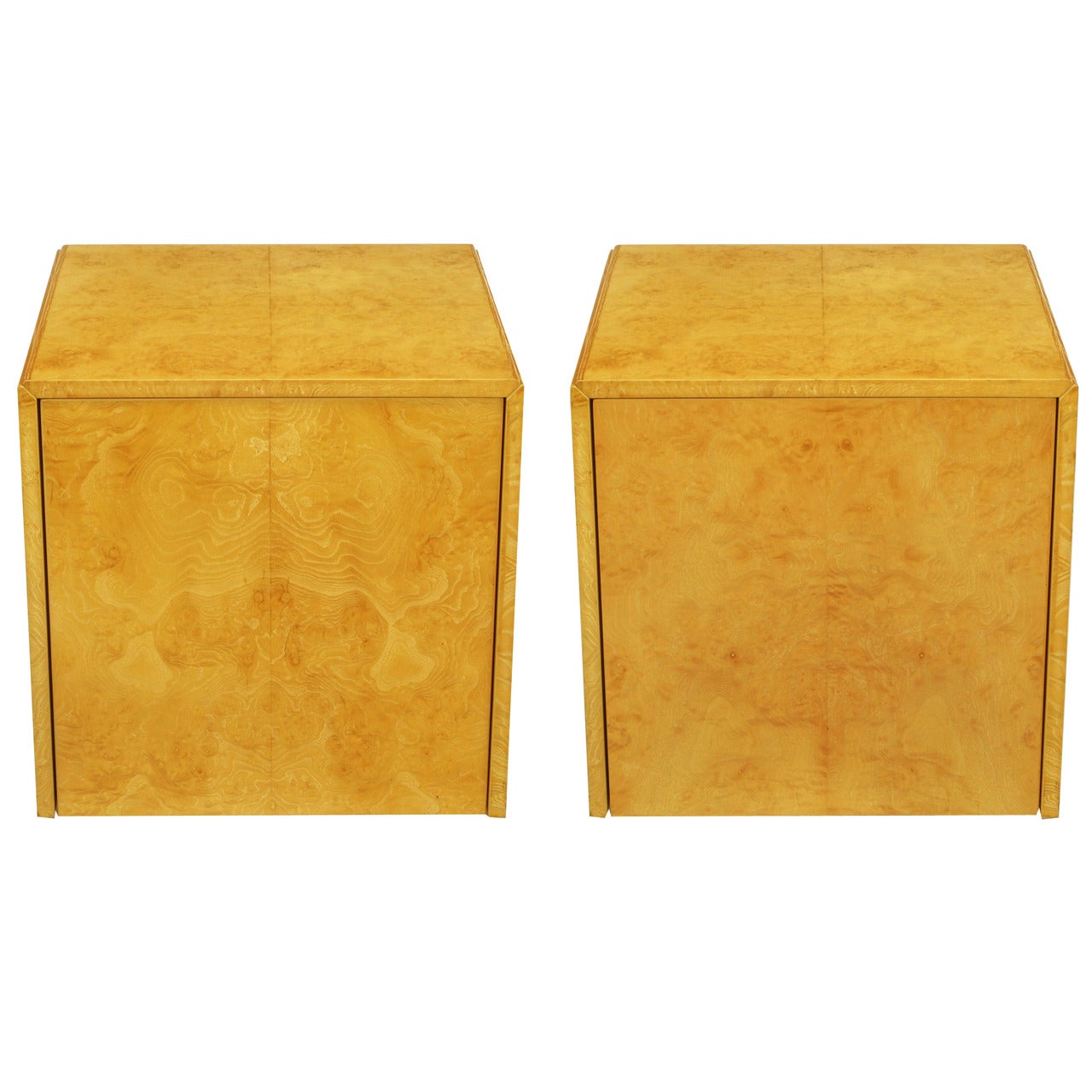 Pair Olive Ash Burl Cube Tables After Milo Baughman