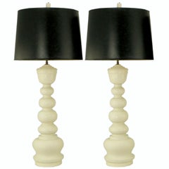 Vintage Pair of Turned White Lacquer Table Lamps after James Mont