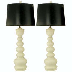 Pair of Turned White Lacquer Table Lamps after James Mont 1