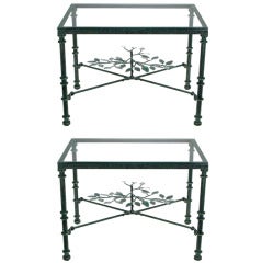 Pair Verdigris Iron End Tables With X-Stretchers & Arboreal Detail