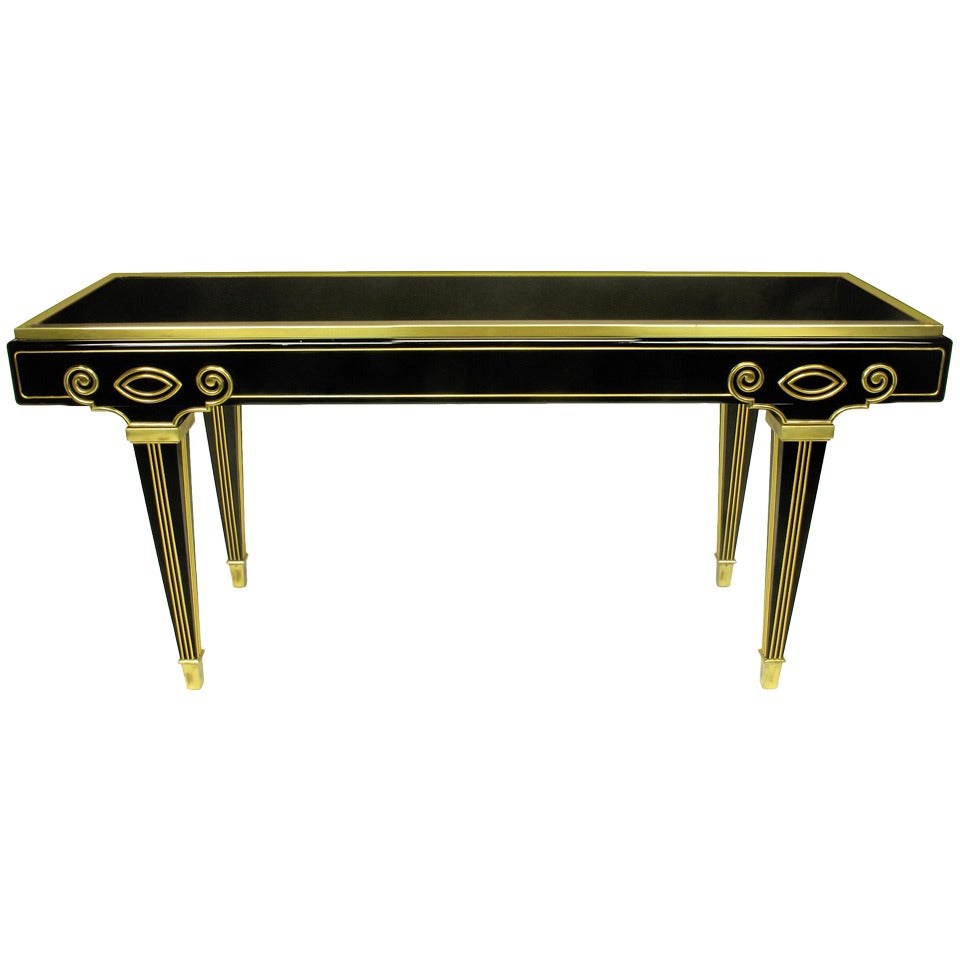 Mastercraft Black Lacquer and Brass Empire Moderne Console Table