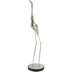 Signed C. Jere Nickel-Plated Crane Sculpture