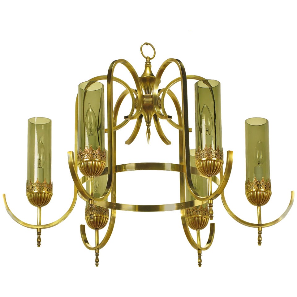 Brass Undulate Arm Six-Light Chandelier with Smoked Hurricane Shades For Sale