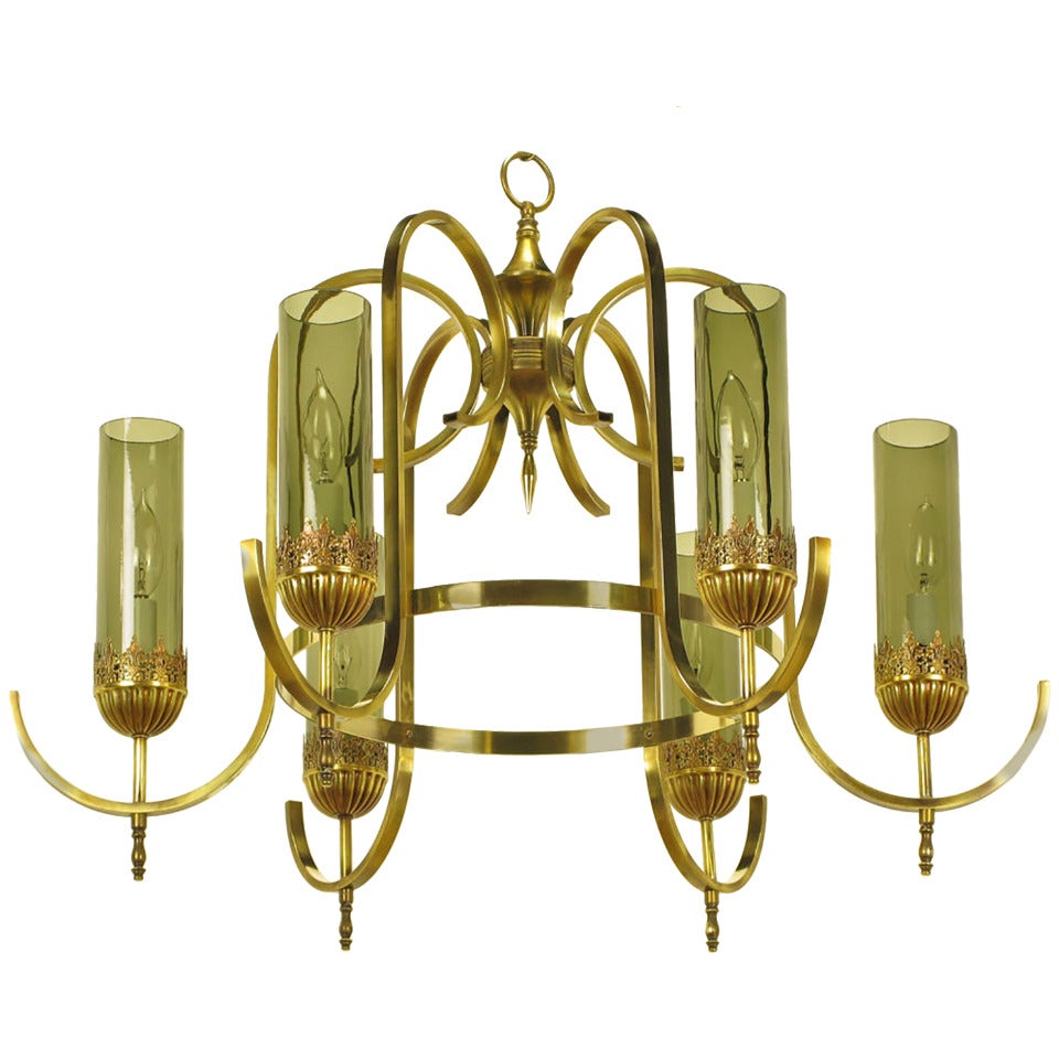 Brass Undulate Arm Six-Light Chandelier with Smoked Hurricane Shades