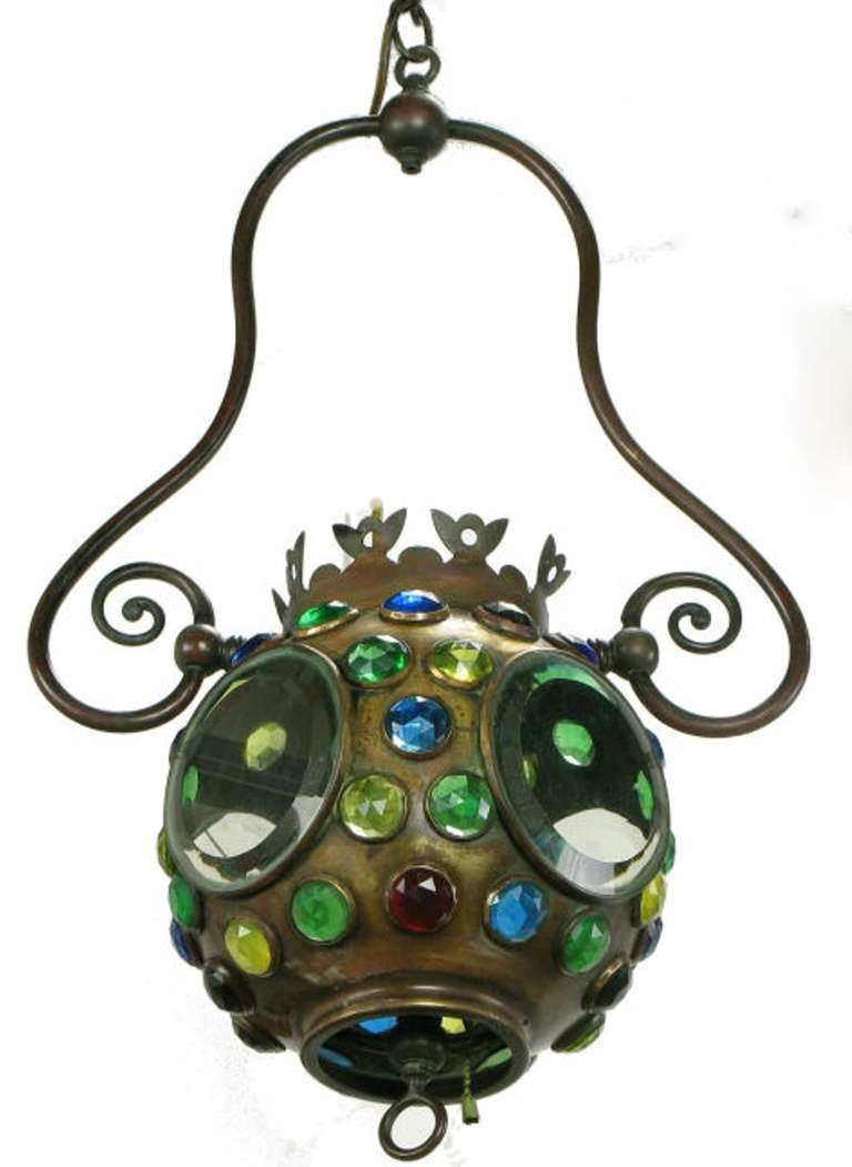 Art Nouveau Brass Pendant Inset With Colored Faceted Glass In Good Condition In Chicago, IL