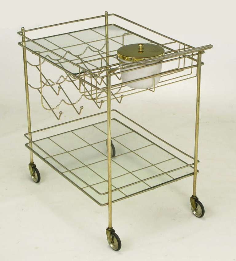 Mid-20th Century Brass Bar Cart With Integral Bottle Storage & Ice Bucket.