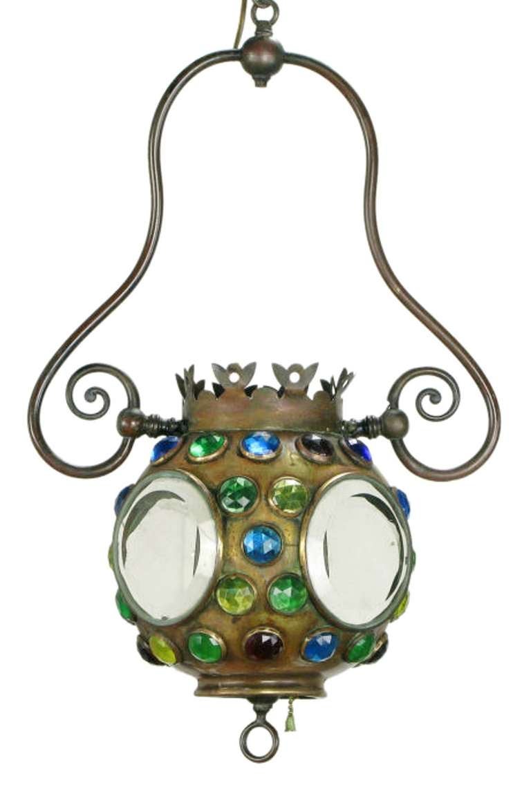 American Art Nouveau Brass Pendant Inset With Colored Faceted Glass