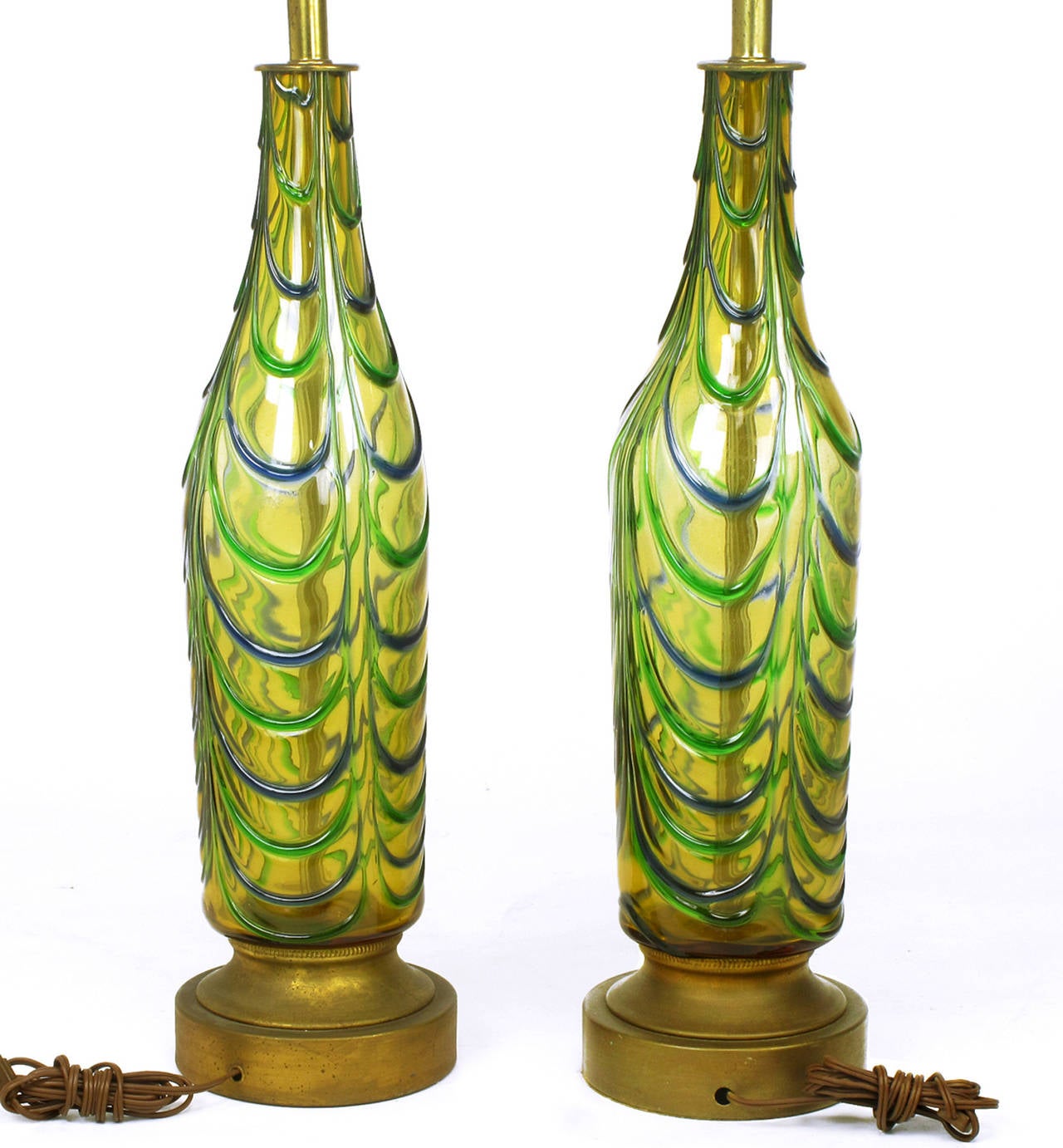 Mid-20th Century Pair of Italian Handblown Saffron, Green and Blue Ribbed Glass Table Lamps For Sale