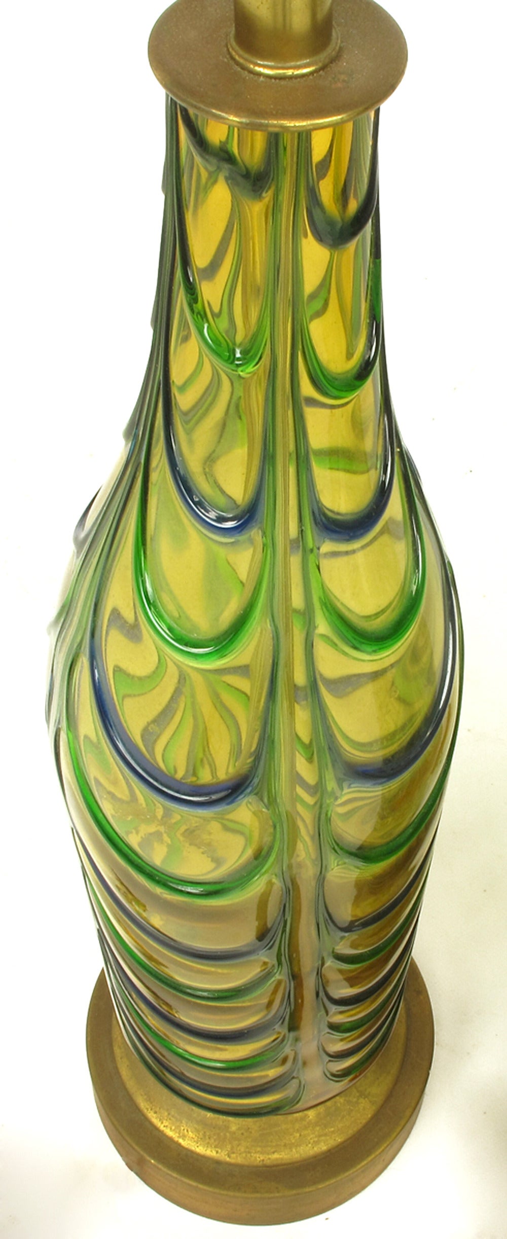 Blown Glass Pair of Italian Handblown Saffron, Green and Blue Ribbed Glass Table Lamps For Sale
