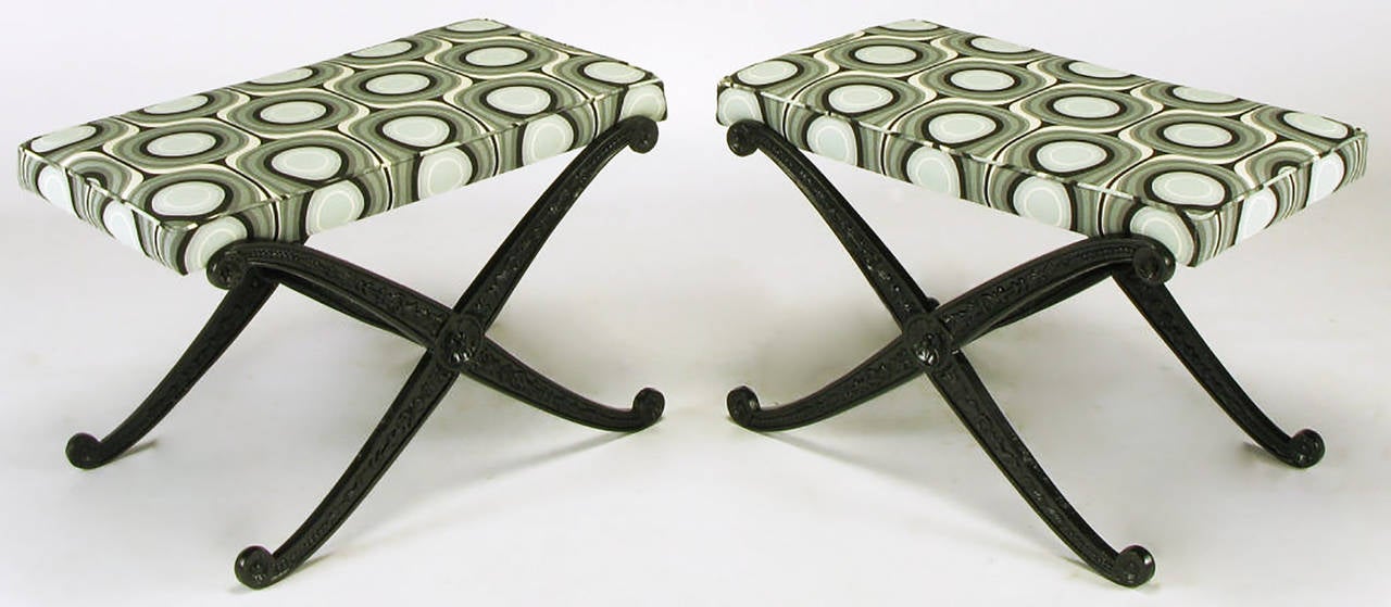 Mid-20th Century Pair of Palladio Italian Black Lacquer, X-Base Benches