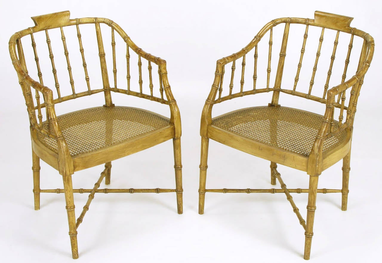 American Pair of Baker Glazed Lacquer Bamboo-Form Armchairs For Sale