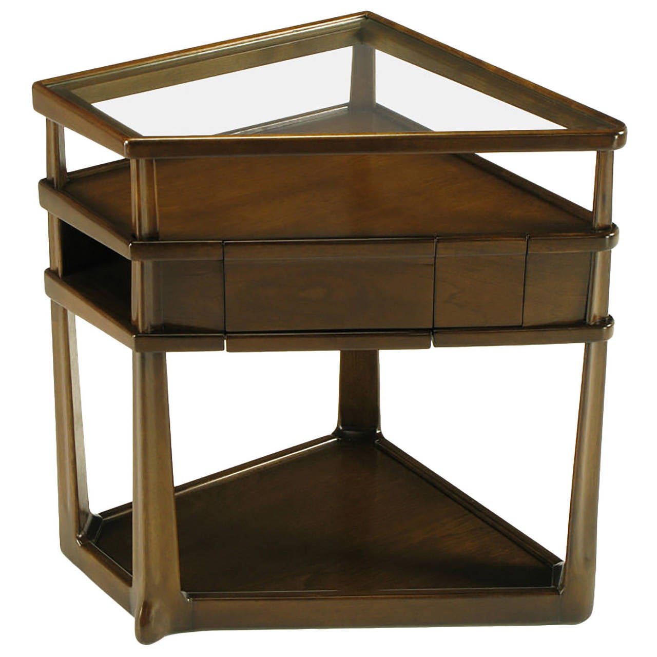 Dark oak hand-carved trapezoidal three-tiered end table by Harold M. Schwartz for Romweber. Three surface levels, with the top being glass. Tapered hand-carved legs are inverted triangular shaped. Run from base to top through the various tiers.