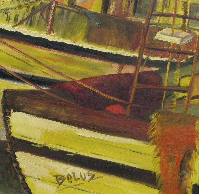 Signierte Hafenlandschaft im WPA-Stil, Öl auf Leinwand (Mitte des 20. Jahrhunderts) im Angebot
