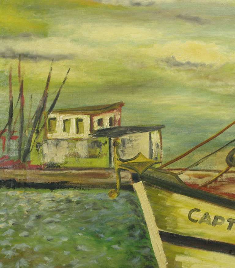 Wood Signed WPA Style Harborscape Oil On Canvas For Sale