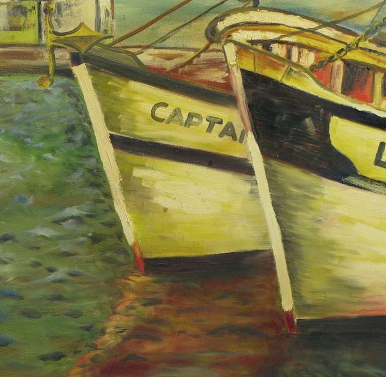 Mid-20th Century Signed WPA Style Harborscape Oil On Canvas For Sale