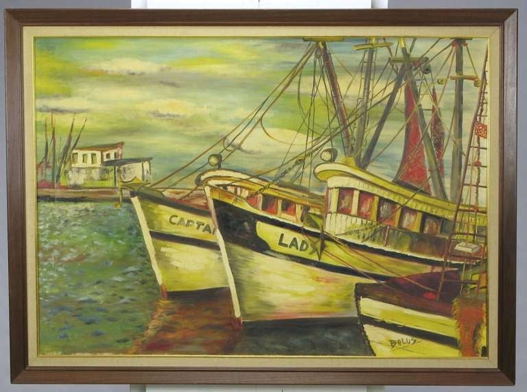 Colorful impressionistic oil on canvas painting of fishing boats in a harbor. Greens, blues and reds comprise the majority of the color pallet. Nicely framed and signed Bolus. 33