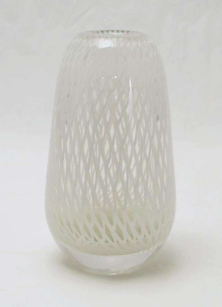 Hand blown Murano glass, thick lipped vase with white lattice infusion. Reminiscent of designs by Archimede Seguso.