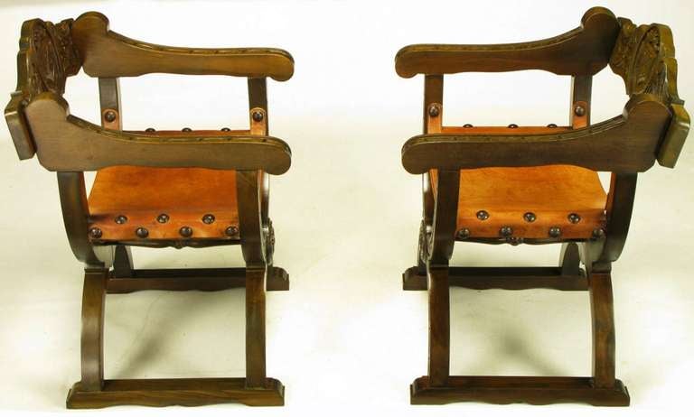 Pair Spanish Revival Oak & Leather Curule Base Armchairs In Excellent Condition In Chicago, IL
