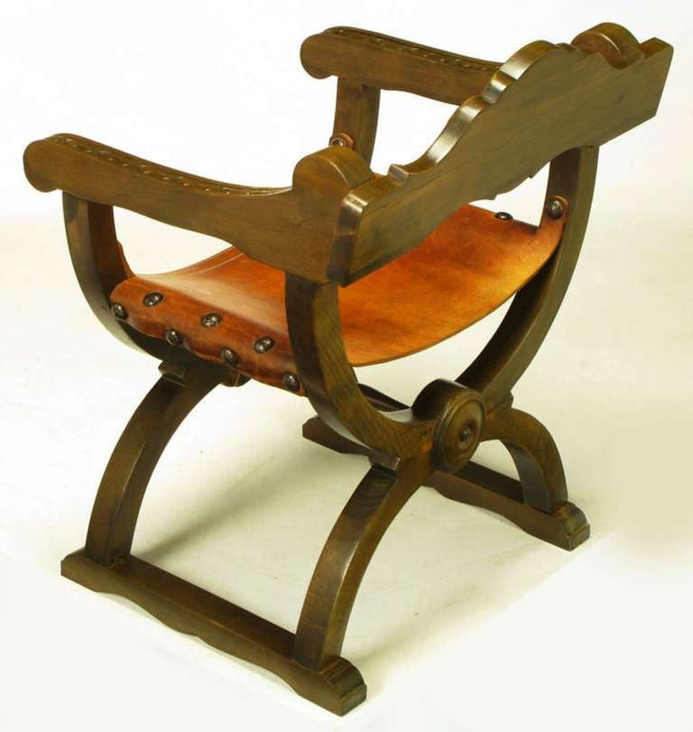 Mid-20th Century Pair Spanish Revival Oak & Leather Curule Base Armchairs