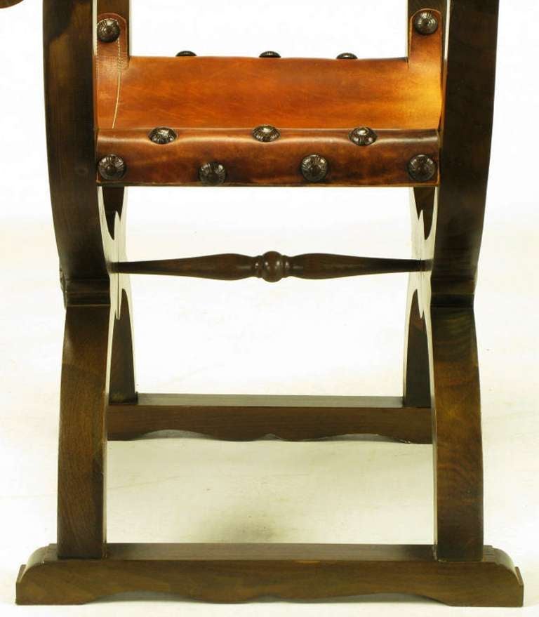 Pair Spanish Revival Oak & Leather Curule Base Armchairs 3