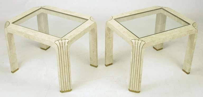 Pair of Tessellated Fossil Stone and Inlaid Brass Side Tables In Excellent Condition For Sale In Chicago, IL