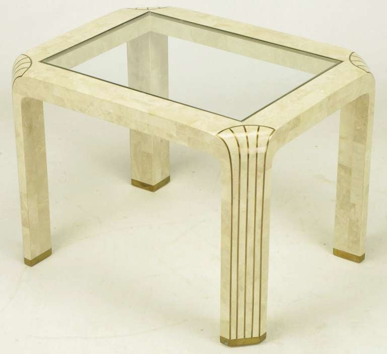 Wood Pair of Tessellated Fossil Stone and Inlaid Brass Side Tables For Sale