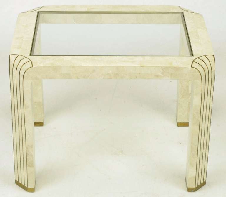 20th Century Pair of Tessellated Fossil Stone and Inlaid Brass Side Tables For Sale