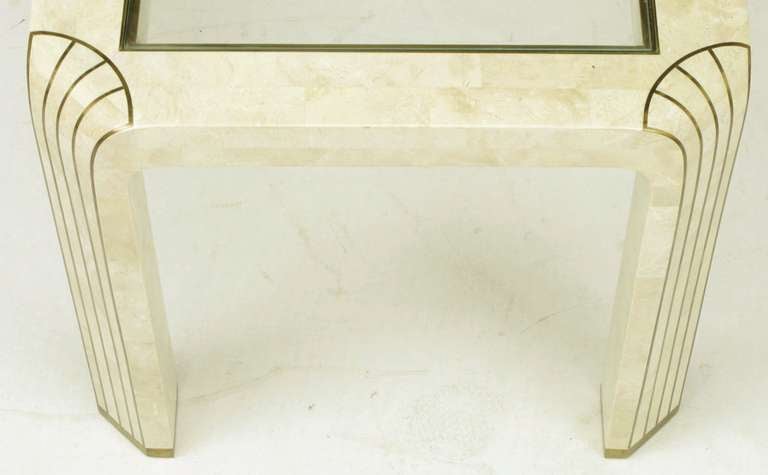 Pair of Tessellated Fossil Stone and Inlaid Brass Side Tables For Sale 2