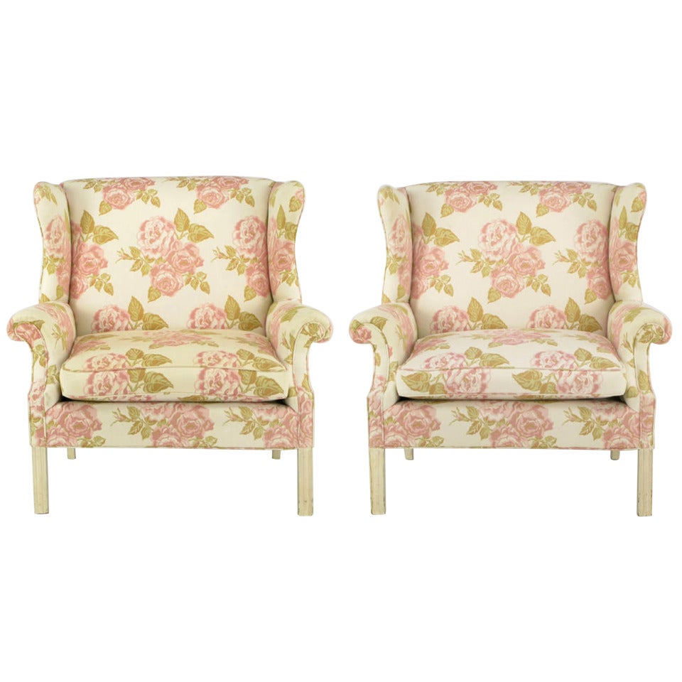 Pair of Overscale Chippendale Wing Chairs in Rose Pattern Fabric