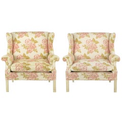 Retro Pair of Overscale Chippendale Wing Chairs in Rose Pattern Fabric